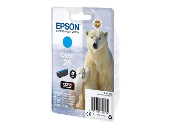 Epson Polar bear Yksittäispakkaus, syaani 26 Claria Premium -muste, Perusvärintuotto, 4,5 ml, 300 sivua, 1 kpl