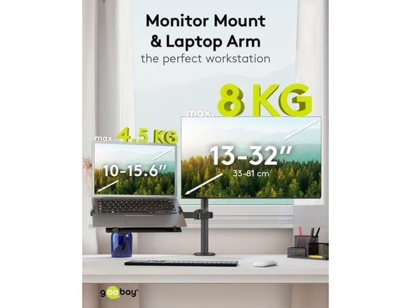 Goobay 70815, Kannettavan tietokoneen ja näytön varsiteline, Musta, Terästä, 25,4 cm (10"), 39,6 cm (15.6"), 81,3 cm (32")