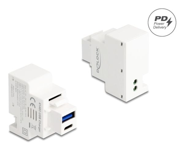 Delock Keystone-moduuli, jossa USB Type-A ja Type-C latausliitäntä PD 20 W valkoinen (41483)