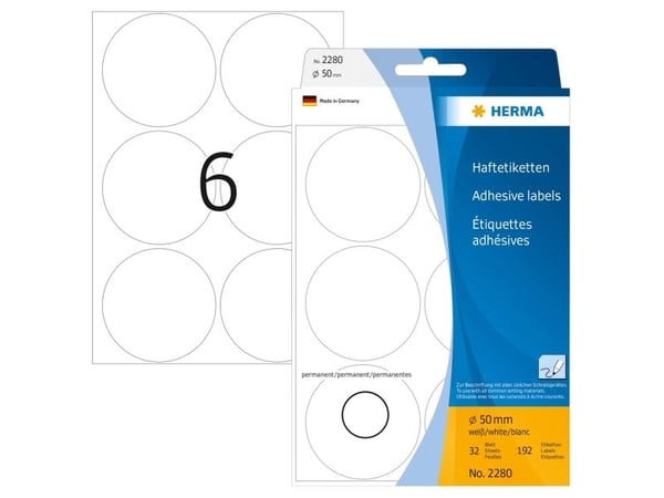HERMA - Papir - matto - permanent klæbemiddel - hvid - 50 mm rund 192 etikette(r) (32 ark x 6) etikette(t)