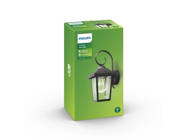 Philips myGarden Buzzard-vegglampe, 60 W, E27, ingen pære, Vegglys, Svart, Metall, IP44, I, Overflatebehandlet