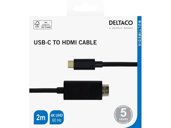 DELTACO - Adapterkabel - USB-C hane till HDMI hane - 2 m - svart - 4K60 Hz (4096 x 2160) stöd