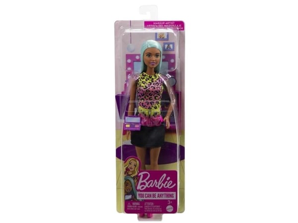 Barbie -meikkitaiteilijanukke, jolla on sinivihreät hiukset ja uraan sopivia tarvikkeita, kuten paletti ja sivellin, Muotinukke, Naaras, 3 vuosi/vu...