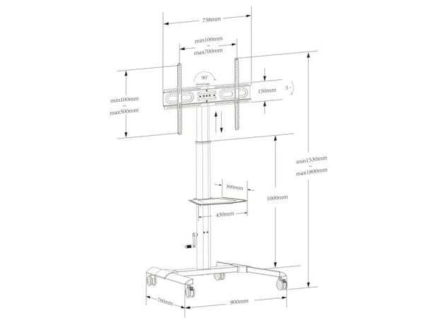 Techly ICA-TR228, Multimediavagn, Svart, Plattskärm, 40 kg, 81,3 cm (32"), 177,8 cm (70")