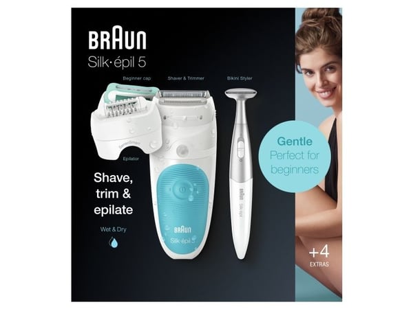 Braun Silk-épil 5 81706344, Vit, Turkos, 28 pincetter, Armhåla, Bikini, Front thigh, Inre överarmar, Rakning, LED, 0,5 mm