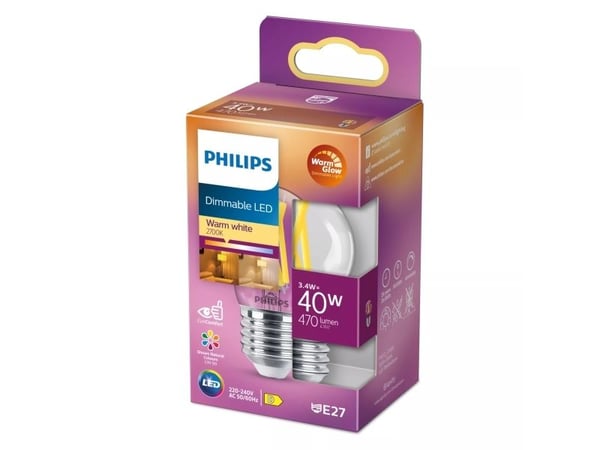 Philips - LED-glödlampa med filament - form: P45 - klar finish - E27 - 3.4 W (motsvarande 40 W) - klass D - varmt vitt ljus - 2200-2700 K