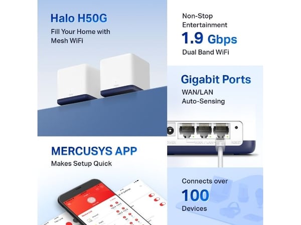 Mercusys Halo H50G (2-pack), Vit, Intern, Mesh-system, 350 m², Dual-band (2,4 GHz / 5 GHz), Wi-Fi 5 (802.11ac)