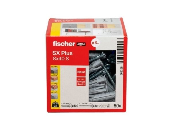 Fischer 568208, Skrue- og veggpluggsett, Lettbetong, Murstein, Betong, Gipsfiberplate, Murverk, Nylon, Grå, Pozidriv, PZ2