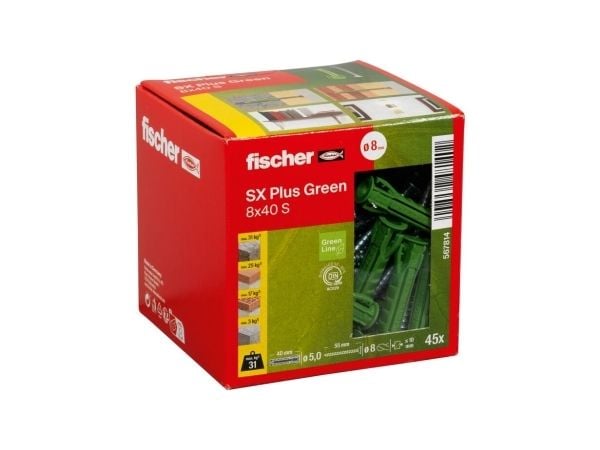 fischer 567814 - Skruv- och pluggsats - Autoklaverad lättbetong - Mursten - Betong - Gipsblock - Murverk - Grön - Pozidriv - PZ2 - Tyskland (567814)