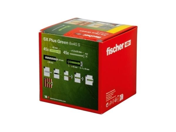 fischer 567814 - Skruv- och pluggsats - Autoklaverad lättbetong - Mursten - Betong - Gipsblock - Murverk - Grön - Pozidriv - PZ2 - Tyskland (567814)