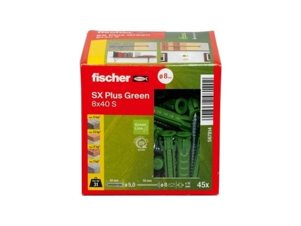 fischer 567814 - Skruv- och pluggsats - Autoklaverad lättbetong - Mursten - Betong - Gipsblock - Murverk - Grön - Pozidriv - PZ2 - Tyskland (567814)