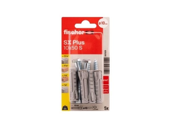 Fischer 567828, Kit med skruv och väggplugg, Autoklaverad lättbetong, Tegel, Betong, Gipsskiva, Murverk, Nylon, Grå, Tyskland, 1 cm
