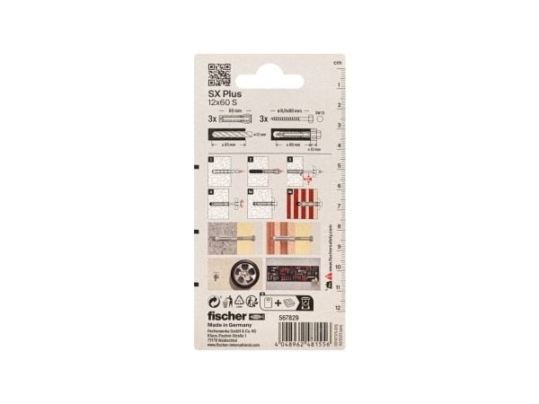 Fischer 567829, Kit med skruv och väggplugg, Autoklaverad lättbetong, Tegel, Betong, Gipsblock, Murverk, Nylon, Tyskland, 1,2 cm, 60 mm