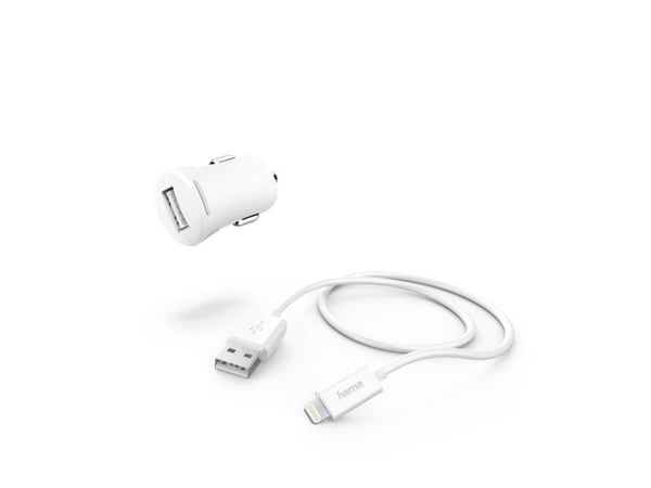 Hama Essential Line - Strömadapter för bil - 12 Watt - 2.4 A - Fast Charge (USB) - på kabel: Lightning - vit