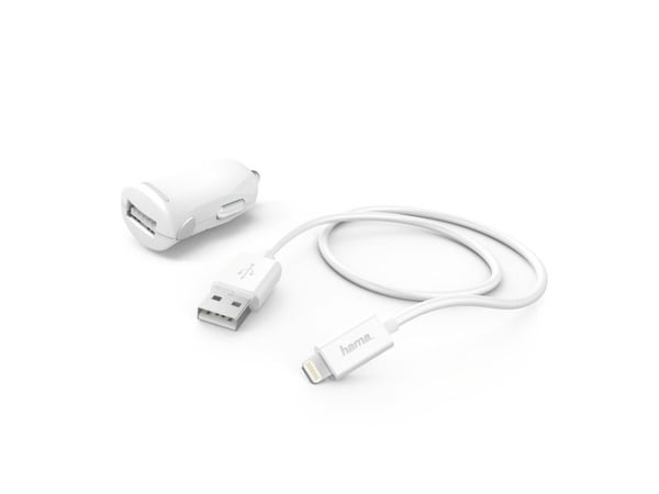 Hama Essential Line - Strömadapter för bil - 12 Watt - 2.4 A - Fast Charge (USB) - på kabel: Lightning - vit