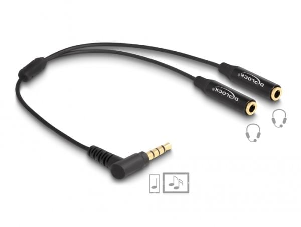 Delock - Lydsplitter - minijakkstereo 3,5 mm 4-pols hann vinklet til minijakkstereo 3,5 mm 4-pols hunn - 25 cm - svart