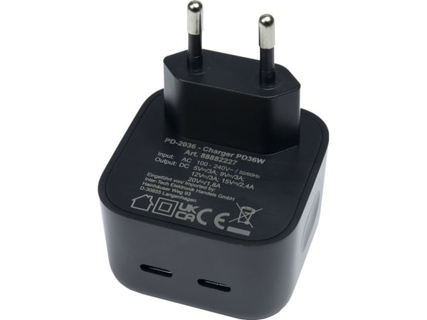 Inter-Tech PD-2036 - Strømadapter - small - 36 watt - 3 A - PD - 2 utgangskontakter (USB-C)