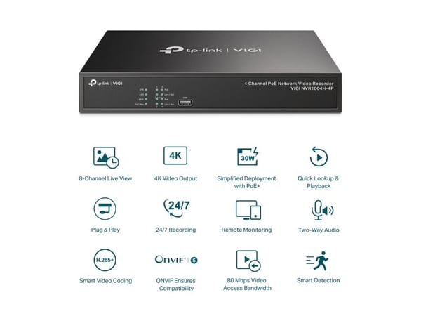 TP-Link VIGI NVR1004H-4P, 4 kanaler, 3840 x 2160 pixel, 720p, 1080p, 2160p, 3840x2160,1920x1080, 1680x1050, 1440x900, 1280x1024, 1024x768, 1280x720...