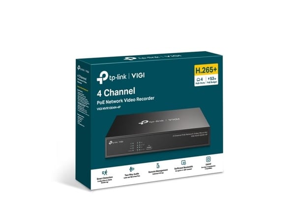 TP-Link VIGI NVR1004H-4P, 4 kanaler, 3840 x 2160 pixel, 720p, 1080p, 2160p, 3840x2160,1920x1080, 1680x1050, 1440x900, 1280x1024, 1024x768, 1280x720...