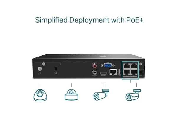 TP-Link VIGI NVR1004H-4P, 4 kanaler, 3840 x 2160 pixel, 720p, 1080p, 2160p, 3840x2160,1920x1080, 1680x1050, 1440x900, 1280x1024, 1024x768, 1280x720...