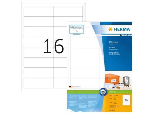 HERMA 4619, Valkoinen, Itse kiinnittyvä tulostintarra, A4, Paperi, Laser/Inkjet, Kiinteä