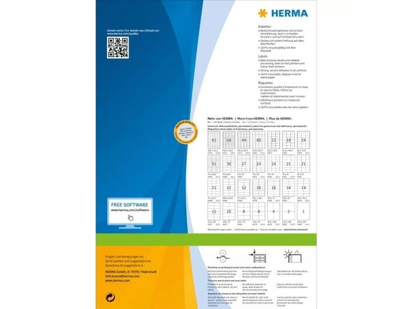 HERMA 4619, Valkoinen, Itse kiinnittyvä tulostintarra, A4, Paperi, Laser/Inkjet, Kiinteä