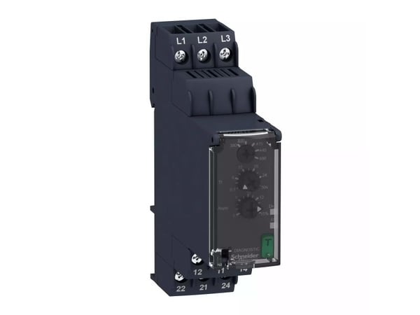 SCHNEIDER ELECTRIC 3-vaiheinen epäsymmetrinen rele 2C/O 3x400V AC, 22,5 mm. 8A kuormitus, LED ja testipainike