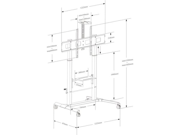 Techly ICA-TR230, Multimediavogn, Sort, Flatskjerm, 120 kg, 132,1 cm (52"), 2,79 m (110")