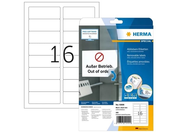 HERMA 10009, Valkoinen, Pyöristetty suorakulmio, Irroitettava, Paperi, Matta, Laser/Inkjet