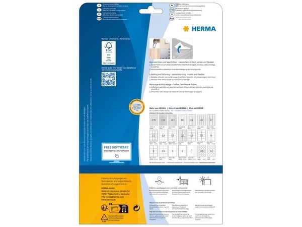 HERMA 10009, Valkoinen, Pyöristetty suorakulmio, Irroitettava, Paperi, Matta, Laser/Inkjet