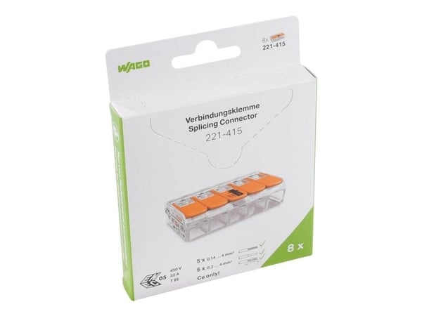 WAGO Jousiliitin 5x0,14-4 mm². Läpinäkyvää muovia, oranssilla kielekkeellä, ruuviton, halogeeniton. ULKOPAKKAUS 8 kpl.