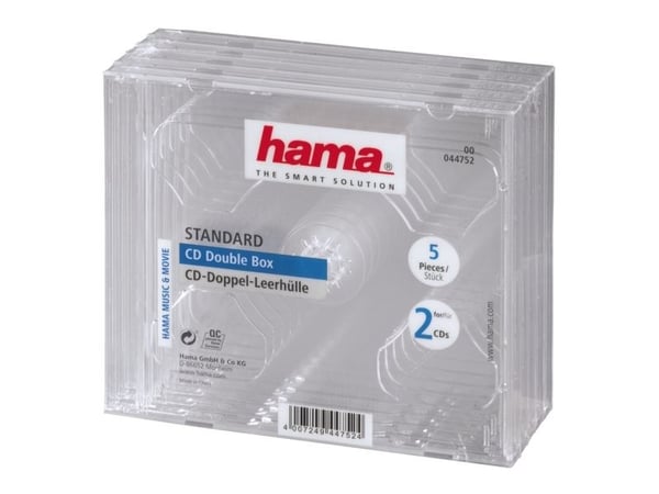 Hama CD Double Jewel Case, Pack 5, 2 levyt, Läpinäkyvä, 142 mm, 125 mm, 51 mm, 278 g