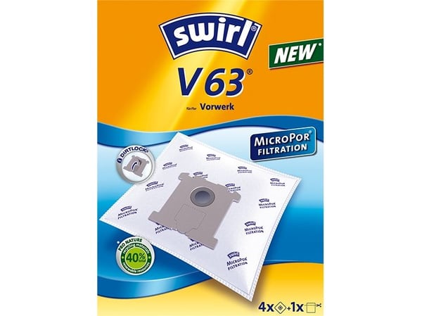 Swirl V 63 MicroPor, Pölypussi, Sylinteripölynimuri, Sininen, Valkoinen, Vorverk VT 250/251/252 Tiger, 4 kpl