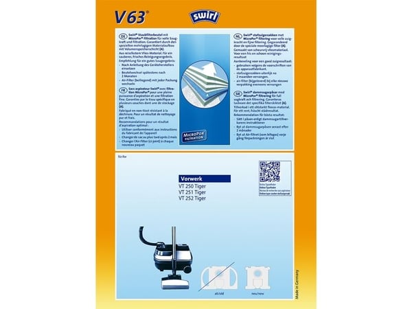 Swirl V 63 MicroPor, Pölypussi, Sylinteripölynimuri, Sininen, Valkoinen, Vorverk VT 250/251/252 Tiger, 4 kpl
