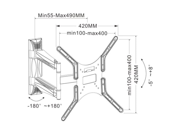 Techly ICA-PLB 271M, 132,1 cm (52"), 100 x 100 mm, 400 x 400 mm, -5 - 8°, 180°, Sort