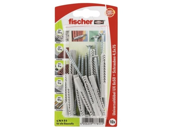 Fischer UX 6 x 50 S, Kit med skruv och väggplugg, Betong, Grå, 50 mm, 6 mm, 6,5 cm