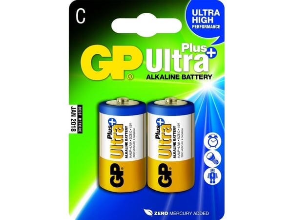 GP Batteries Ultra Plus Alkaline C, Kertakäyttöinen akku, C, Alkali, 1,5 V, 2 kpl, Monivärinen