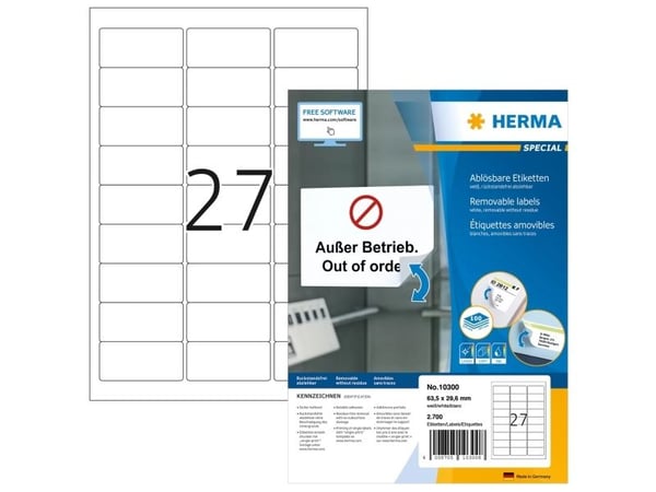 HERMA Special - Papir - matt - fjernbart selv-adhesiv - hvit - 63.5 x 29.6 mm 2700 etikett(er) (100 ark x 27) merkelapper
