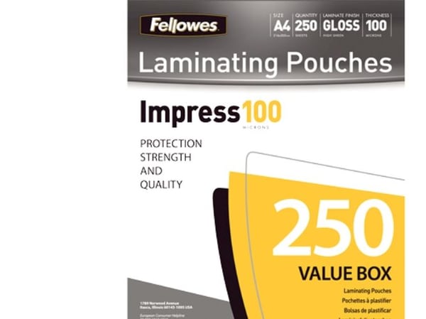 Fellowes Laminating Pouches Impress 100 Micron - 100 mikron - 250-pack - glättat - vit - A4 (210 x 297 mm) lamineringsfickor Fellowes Laminating Pouches Impress 100 Micron - 100 mikron - 250-pack - glättat - vit - A4 (210 x 297 mm) lamineringsfickor