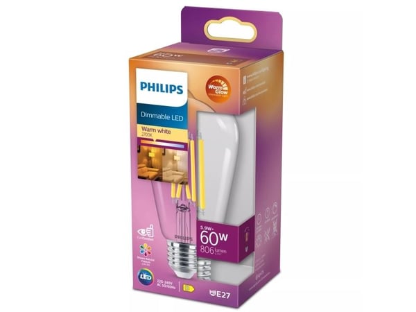 Philips - LED-glödlampa med filament - form: ST64 - klar finish - E27 - 5.9 W (motsvarande 60 W) - klass D - varmt vitt ljus - 2200-2700 K