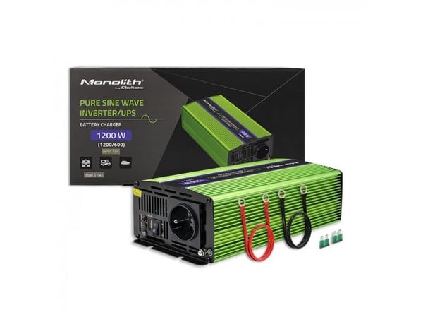 Qoltec Monolith - DC/AC tehomuunnin/akkulaturi/UPS - puhdas siniaalto - AC 230 V / DC 12 V - 600 Watt - lähtöliitännät: 3 kpl