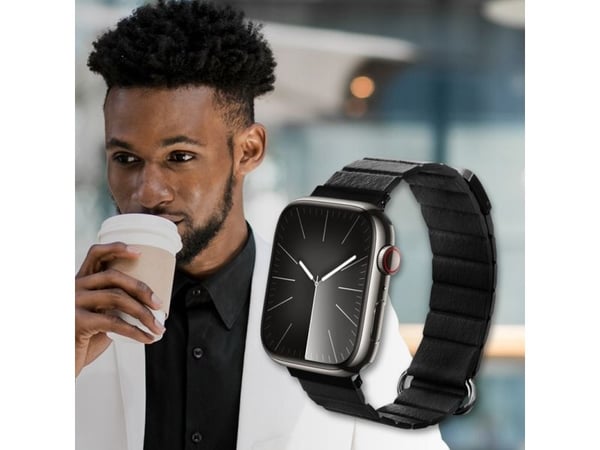 Crong CRG-44ECL-BLK, Klokkereim, Apple, Watch 42/44/45/49 mm, Lær, Rustfritt stål, Svart