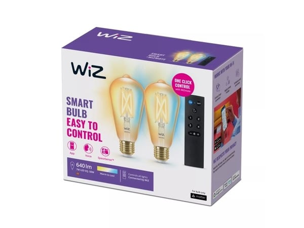 WiZ Edison Filament 2-pak + fjernkontroll – Smart LED – Warm to Cool hvitt – E27 – 50 W – Gull – Wi-Fi
