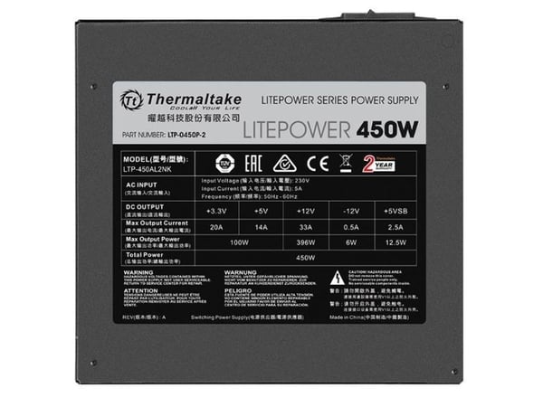 Thermaltake Litepower G2, 450 W, 230 V, 50 - 60 Hz, 5 A, Aktiivinen, 100 W
