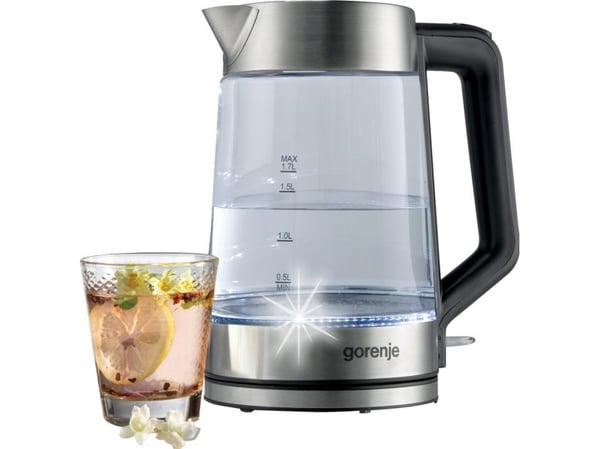 Gorenje K17GED, 1,7 L, 2200 W, Ruostumaton teräs, Lasi, Veden tason ilmaisin, Johdoton
