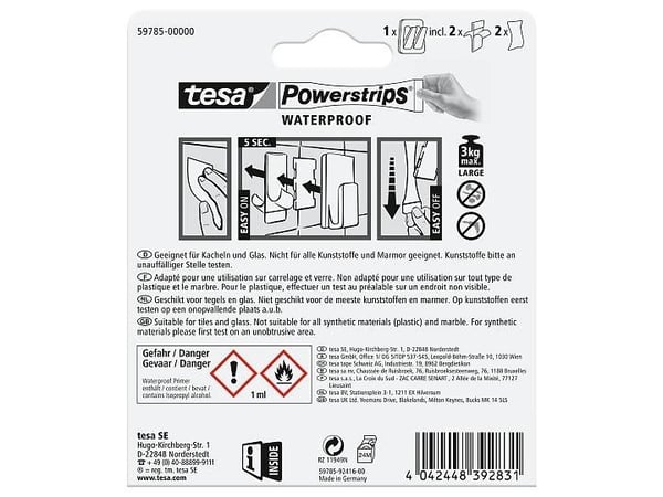 TESA 59785-00000, inomhus, Handdukskrok, Rostfritt stål, Vit, Plast, Rostfritt stål, Självhäftande remsa, 3 kg