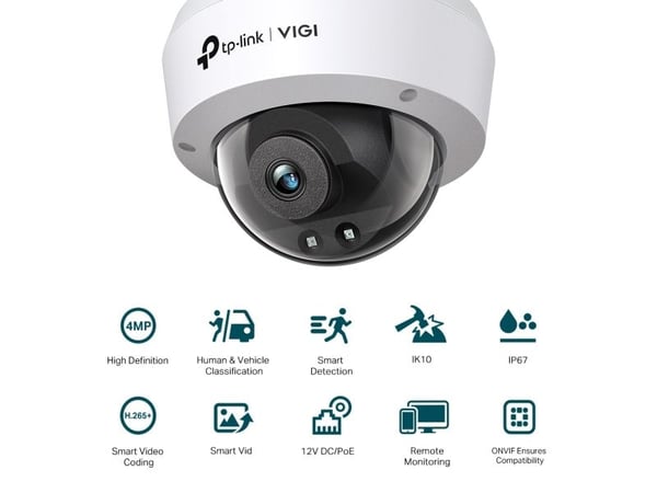 TP-Link VIGI C240I (4mm), IP-sikkerhetskamera, Inne & Ute, Koblet med ledninger (ikke trådløs), CE, BSMI, VCCI, ONVIF, Tak/Vegg, Sort, Hvit