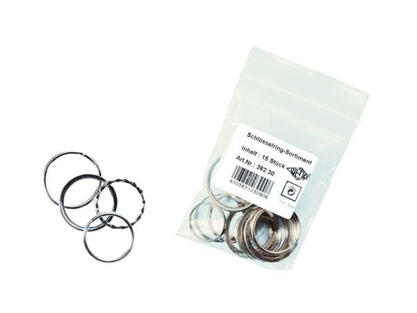 WEDO metalliset avaimenperät, sisältö: 15 kpl pussissa lajiteltuna, halkaisija 3 x 25 mm, 30 mm ja 35 mm (262 30015)