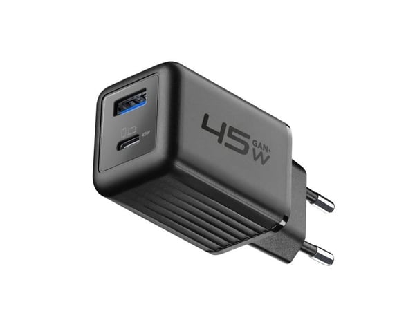 Cellularline MULTIPOWER MICRO - Strømadapter - ultra-kompakt - 45 watt - 3 A - PD, SFC 2.0 - 2 utgangskontakter (USB-C, USB) - svart