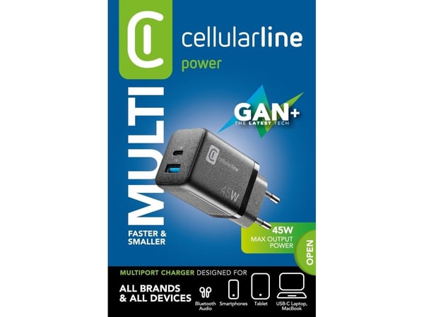 Cellularline MULTIPOWER MICRO - Strømadapter - ultra-kompakt - 45 watt - 3 A - PD, SFC 2.0 - 2 utgangskontakter (USB-C, USB) - svart